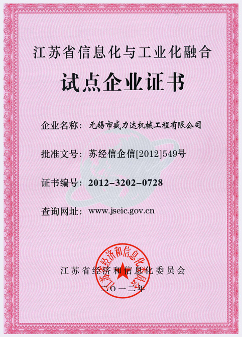 江苏省信息化与工业化融合试点企业证书