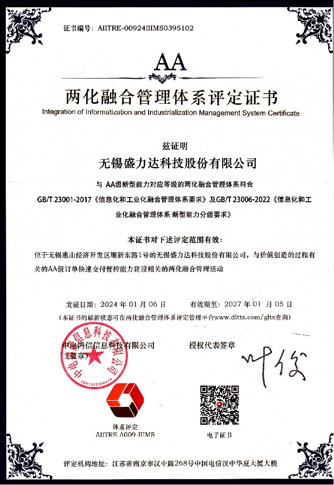 两化融合管理体系评定证书